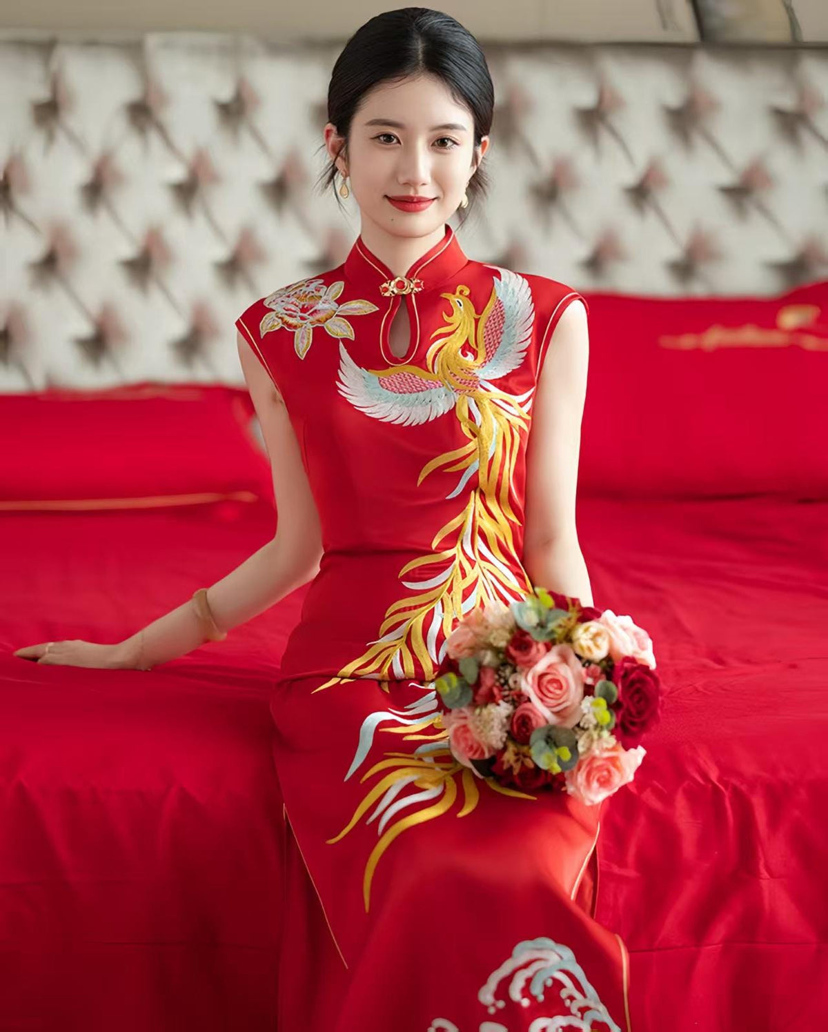 Women's Red Embroidered Qipao Cheongsam Dress