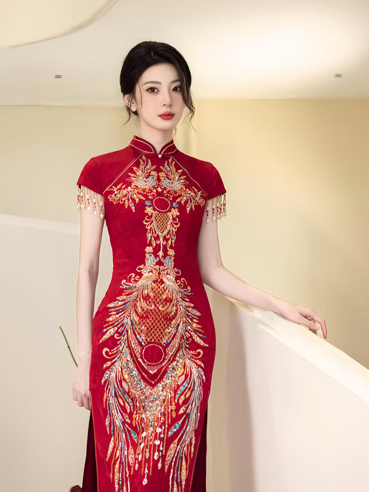 Women's Red Embroidered Qipao Cheongsam Dress – Maxi