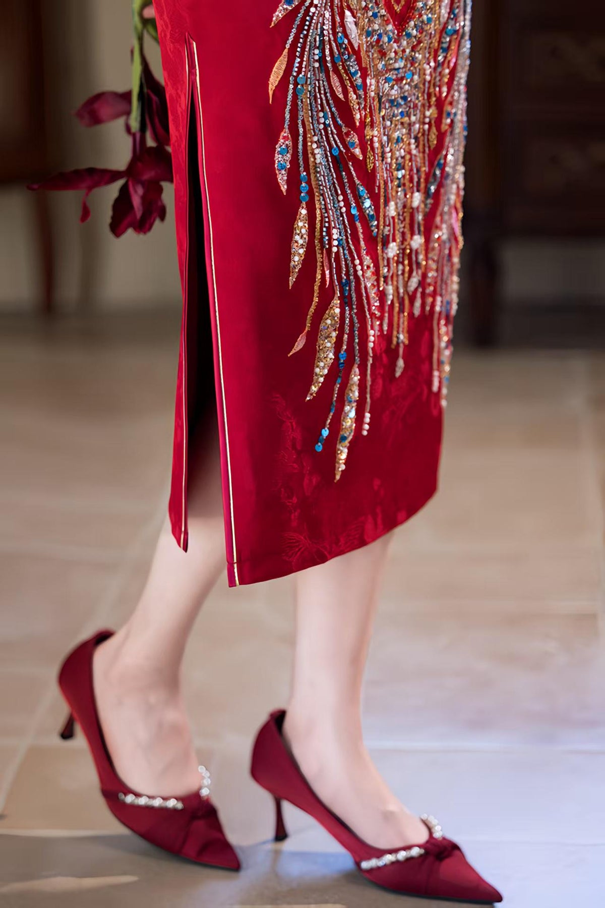 Women's Red Embroidered Qipao Cheongsam Dress – Maxi – additional product view