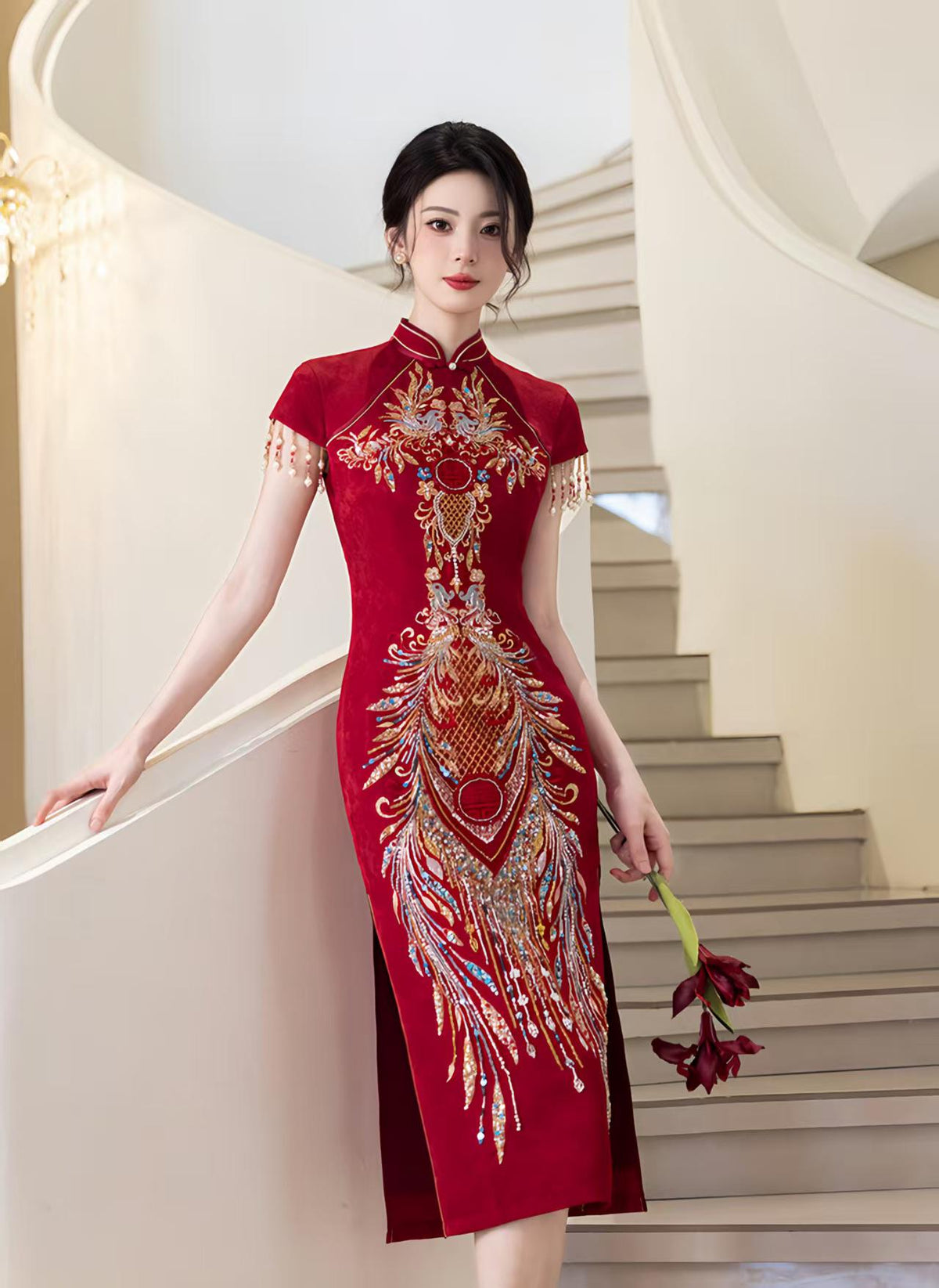 Women's Red Embroidered Qipao Cheongsam Dress – Maxi – additional product view
