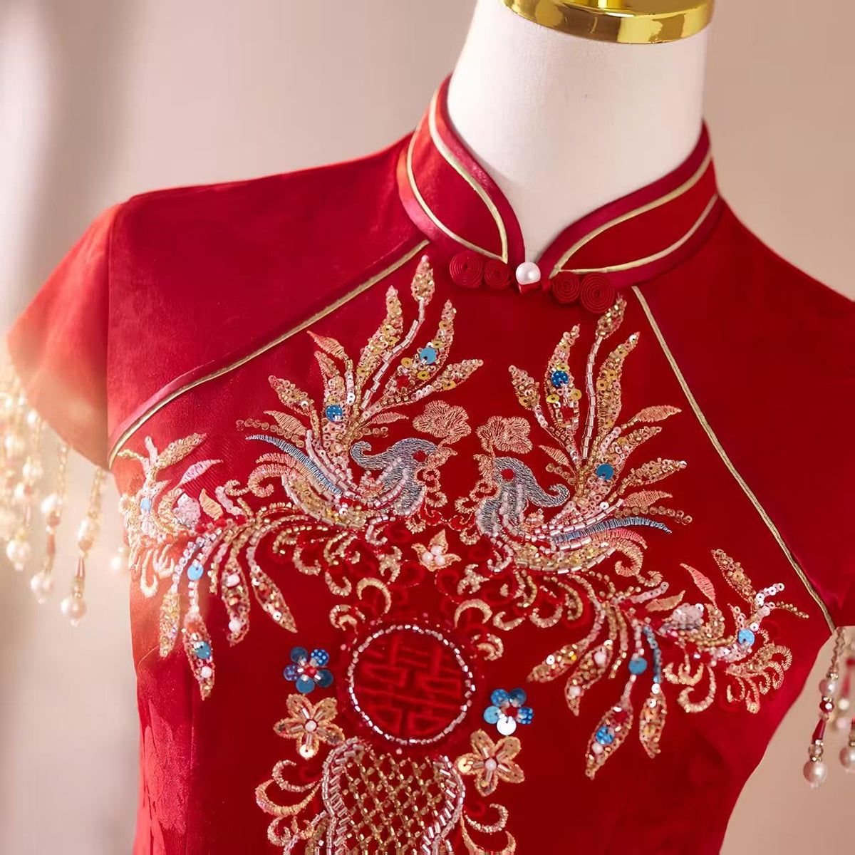 Women's Red Embroidered Qipao Cheongsam Dress – Maxi – additional product view