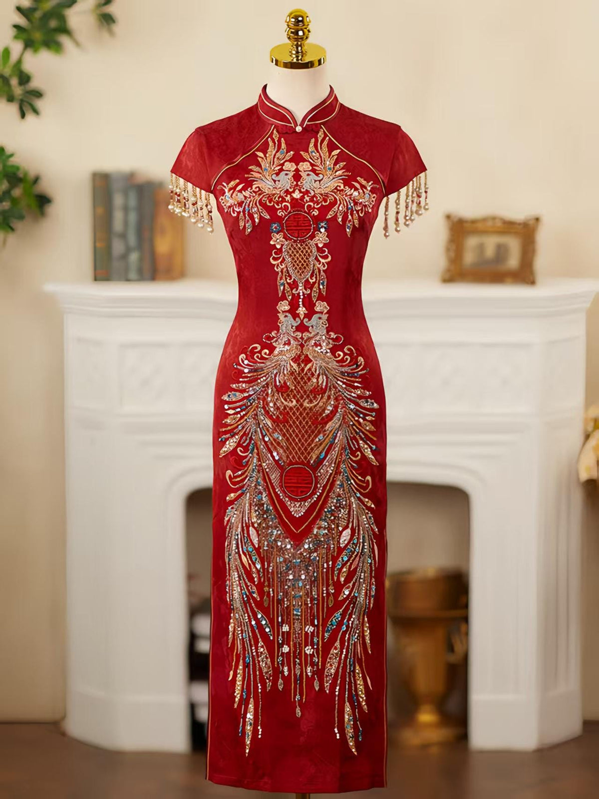 Women's Red Embroidered Qipao Cheongsam Dress – Maxi – additional product view