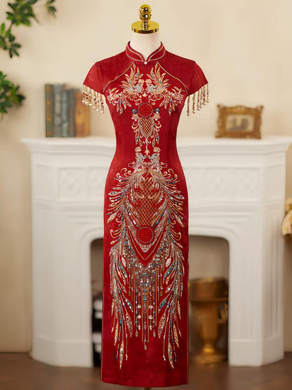 Women's Red Embroidered Qipao Cheongsam Dress – Maxi – additional product view