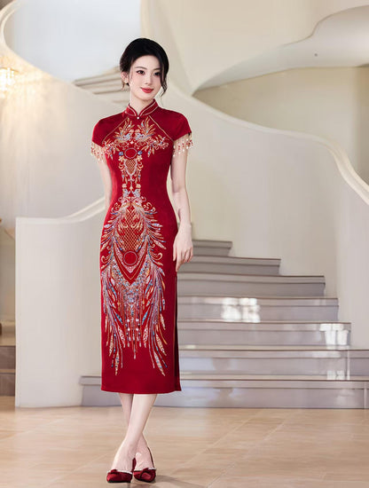 Women's Red Embroidered Qipao Cheongsam Dress – Maxi – additional product view