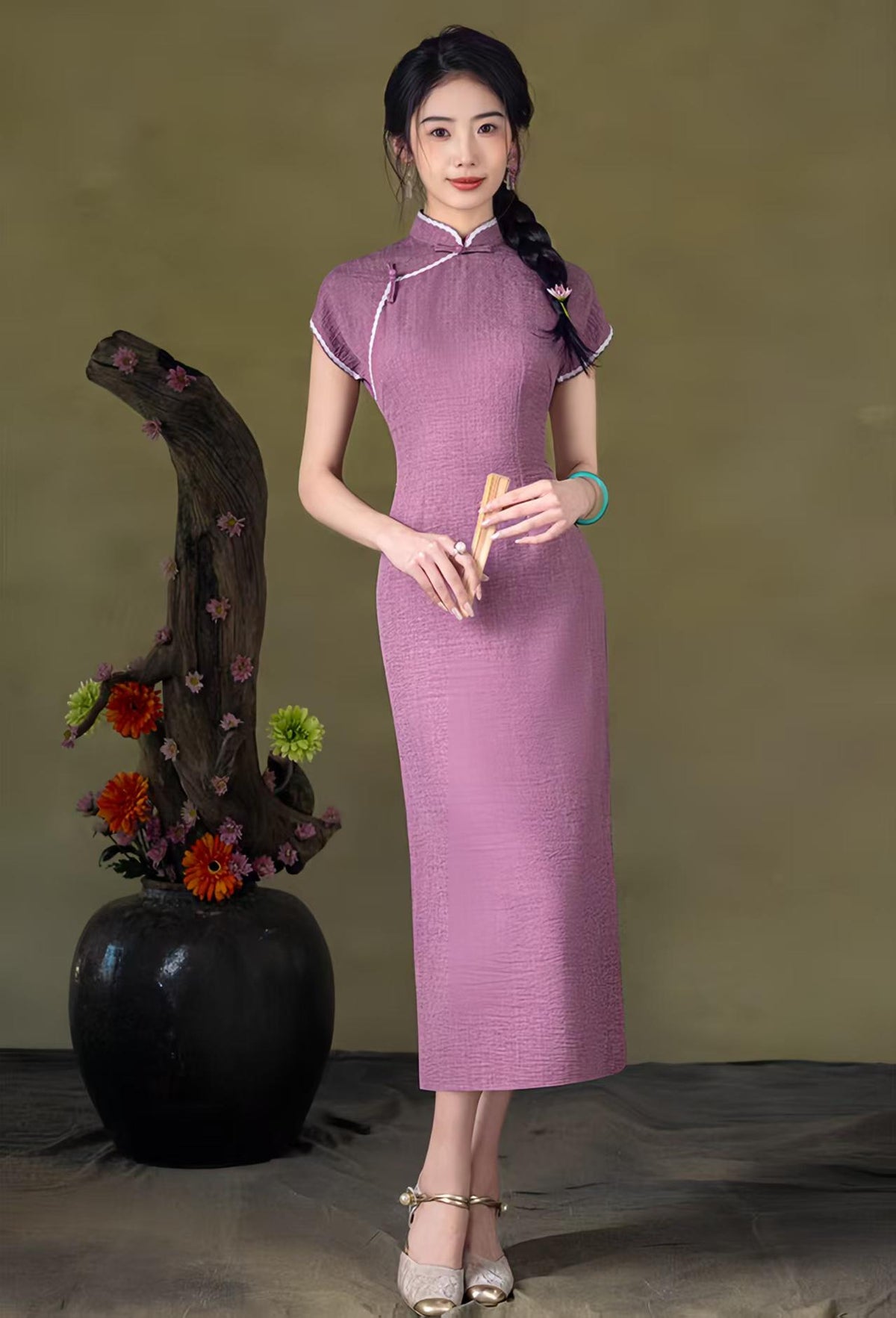 Women's Vintage Qipao Cheongsam Dress – Mandarin Collar Maxi Fitted – additional product view