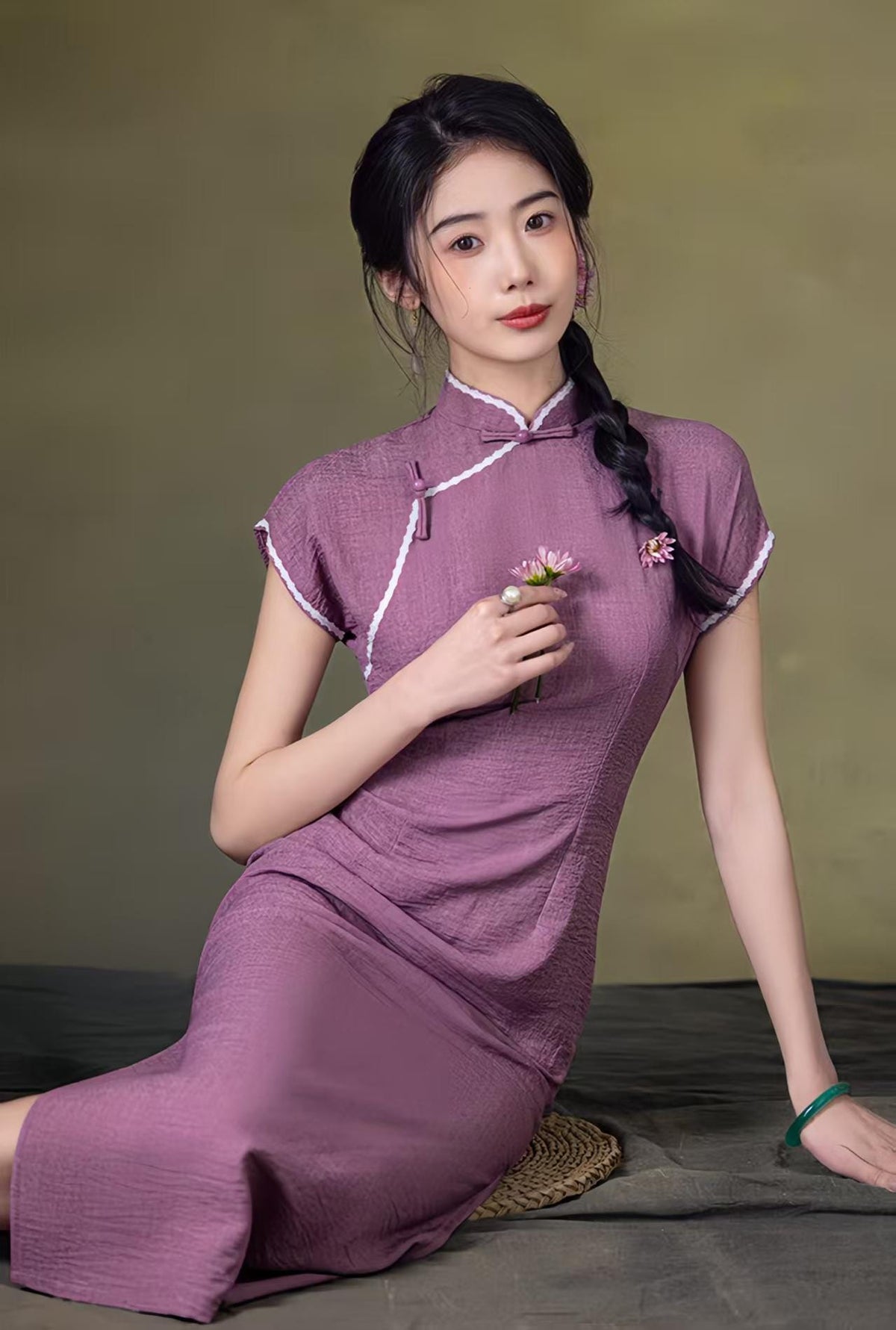 Women's Vintage Qipao Cheongsam Dress – Mandarin Collar Maxi Fitted – additional product view