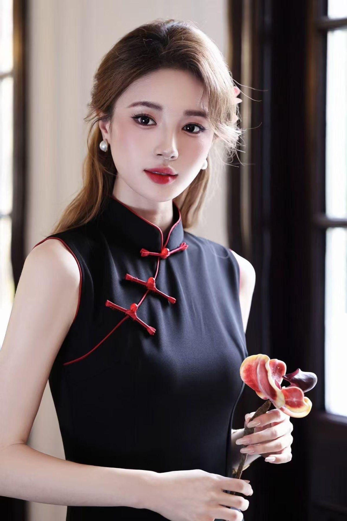Women's Black Vintage Qipao Cheongsam Dress – Long Mandarin Collar – additional product view