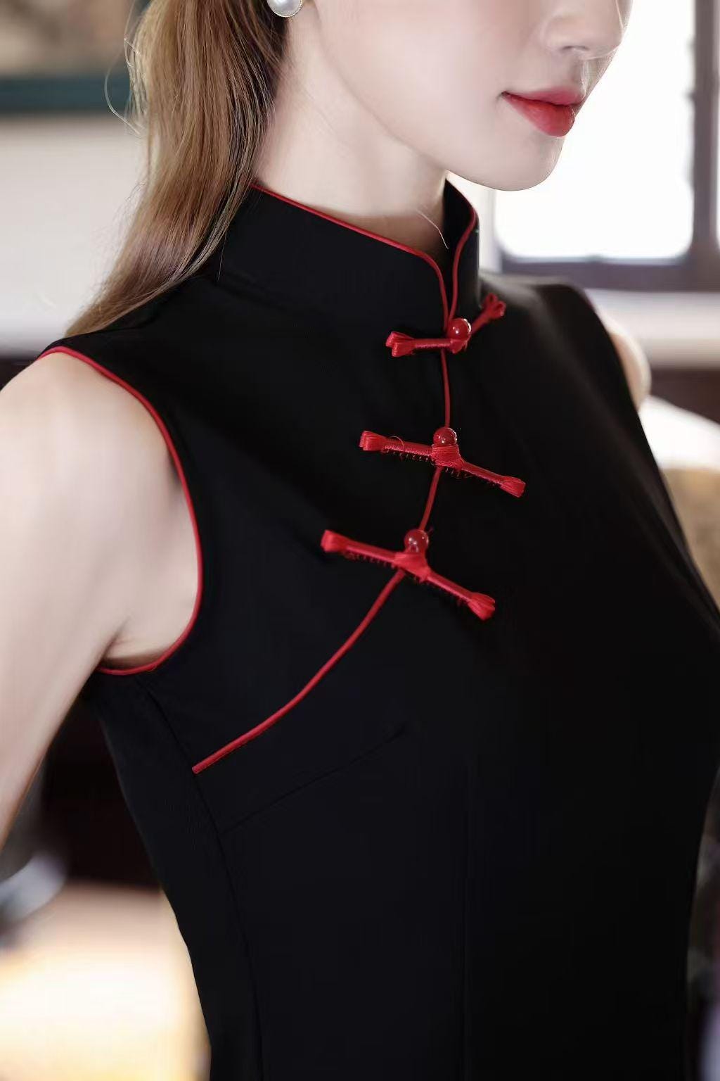 Women's Black Vintage Qipao Cheongsam Dress – Long Mandarin Collar – additional product view