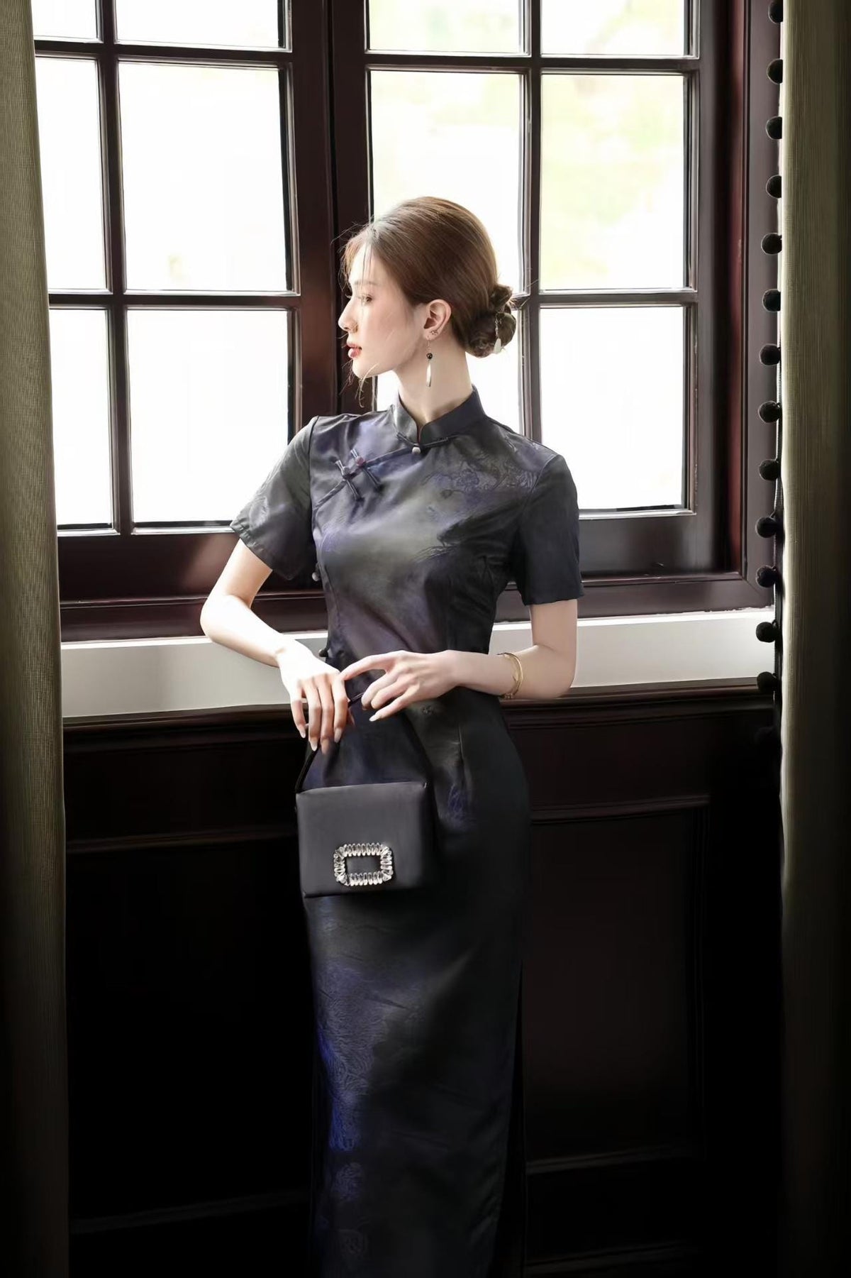 Women's Jacquard Qipao Cheongsam Dress – Purple Midi Fitted – additional product view
