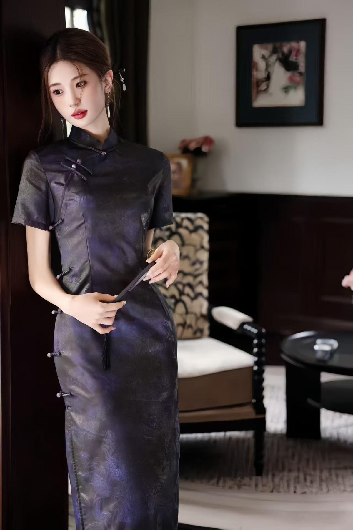 Women's Jacquard Qipao Cheongsam Dress – Purple Midi Fitted – additional product view