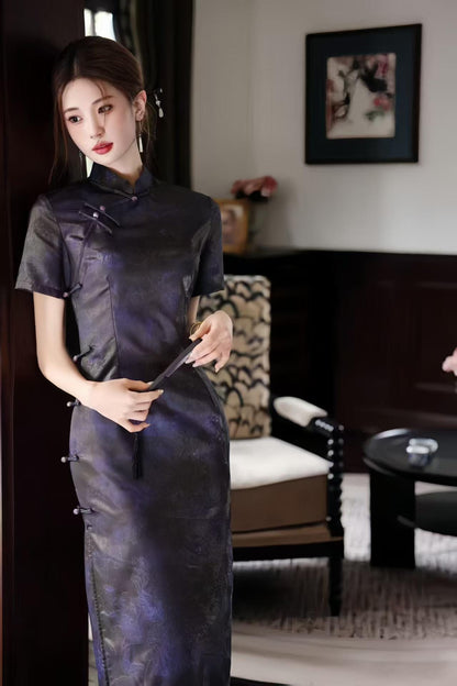 Women's Jacquard Qipao Cheongsam Dress – Purple Midi Fitted – additional product view
