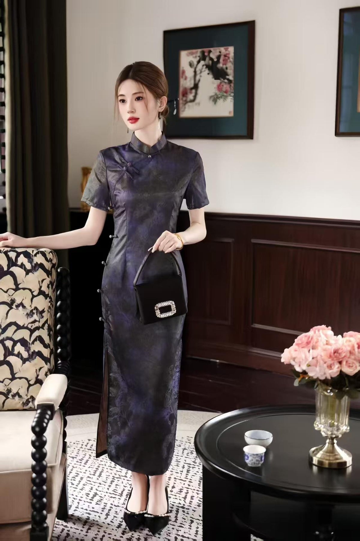 Women's Jacquard Qipao Cheongsam Dress – Purple Midi Fitted – additional product view