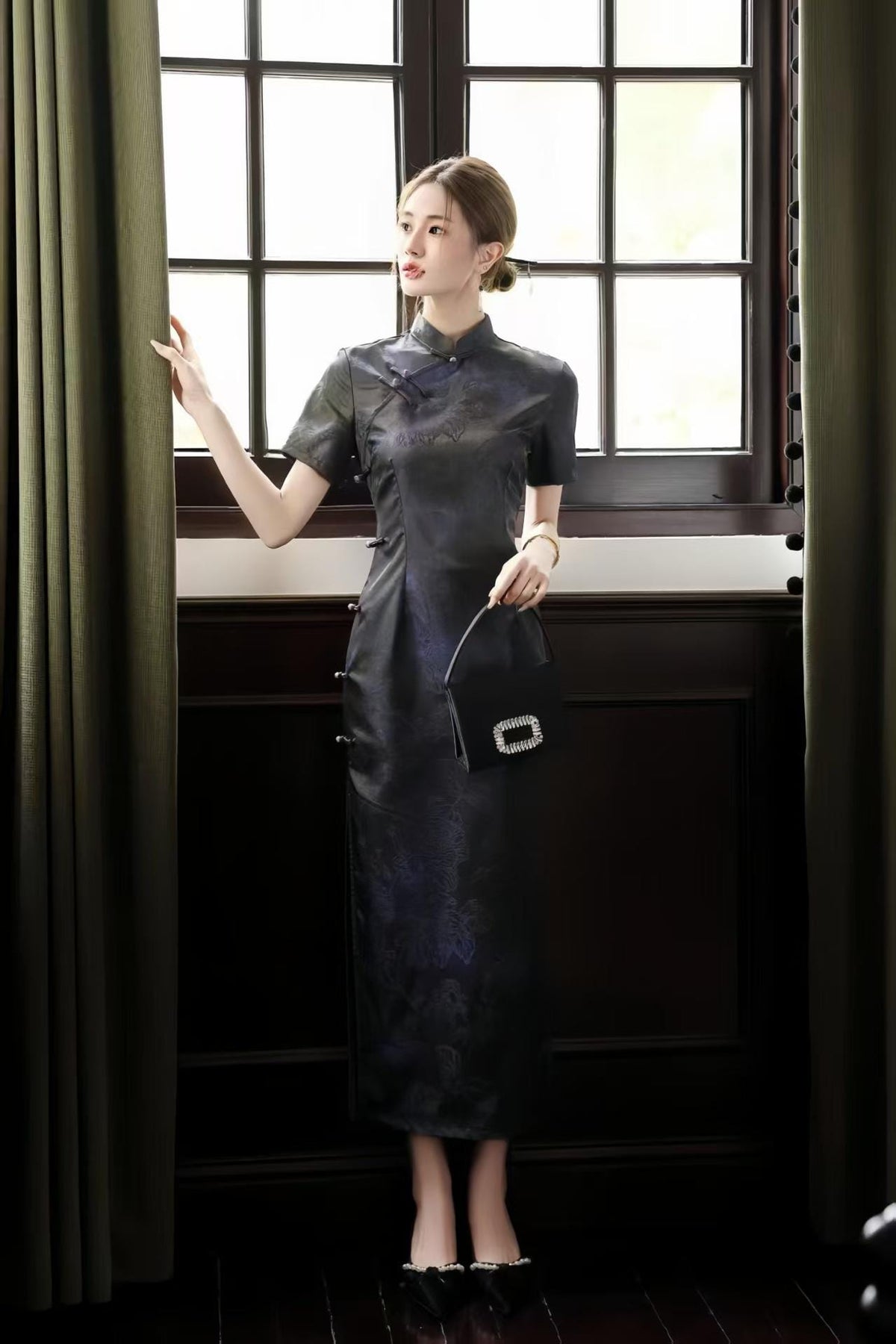 Women's Jacquard Qipao Cheongsam Dress – Purple Midi Fitted – additional product view