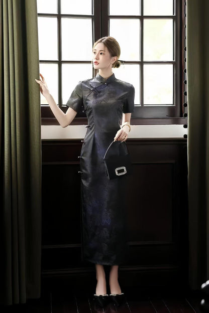 Women's Jacquard Qipao Cheongsam Dress – Purple Midi Fitted – additional product view