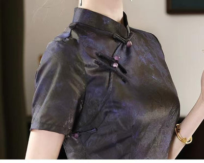 Women's Jacquard Qipao Cheongsam Dress – Purple Midi Fitted – additional product view