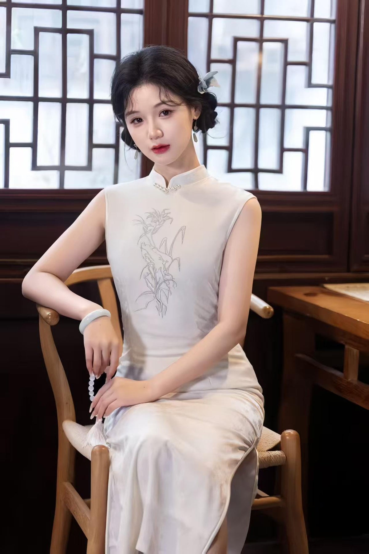 Women's White Vintage Qipao Cheongsam Dress – Jacquard Fitted – additional product view