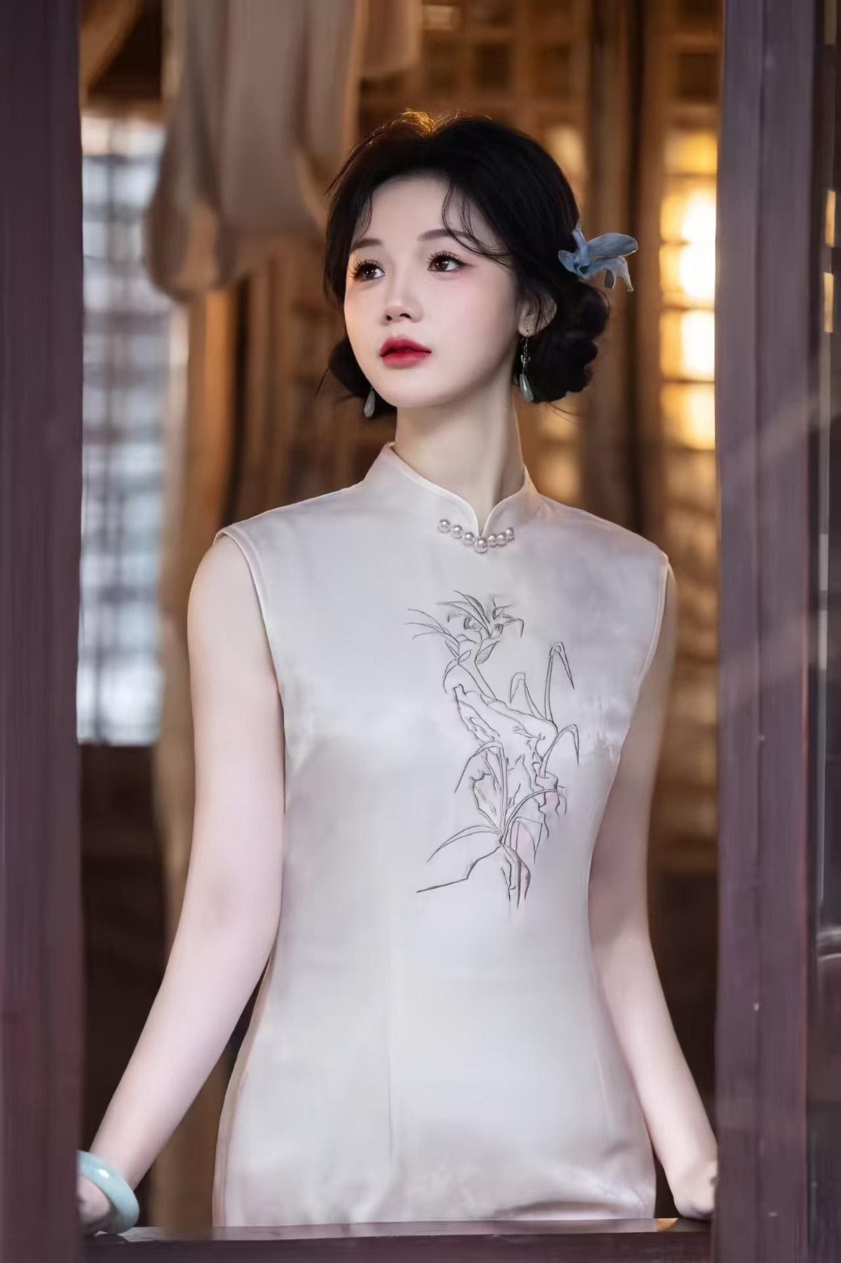 Women's White Vintage Qipao Cheongsam Dress – Jacquard Fitted – additional product view