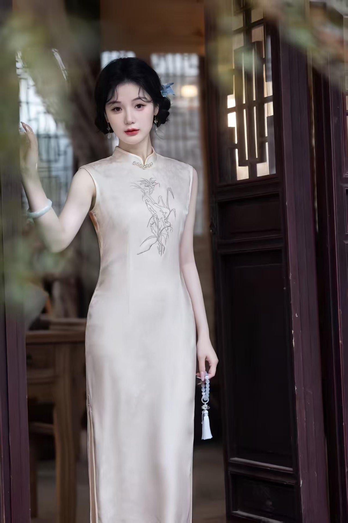 Women's White Vintage Qipao Cheongsam Dress – Jacquard Fitted – additional product view