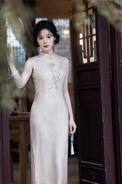 Women's White Vintage Qipao Cheongsam Dress – Jacquard Fitted – additional product view