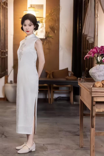 Women's White Vintage Qipao Cheongsam Dress – Jacquard Fitted – additional product view