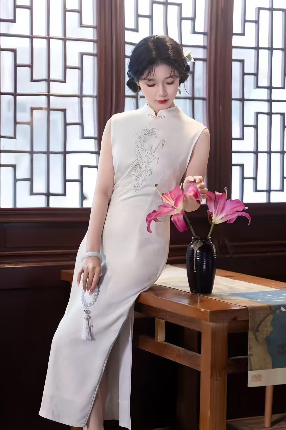 Women's White Vintage Qipao Cheongsam Dress – Jacquard Fitted