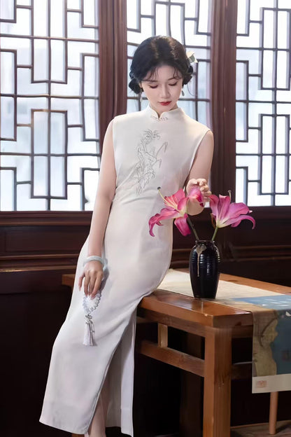 Women's White Vintage Qipao Cheongsam Dress – Jacquard Fitted
