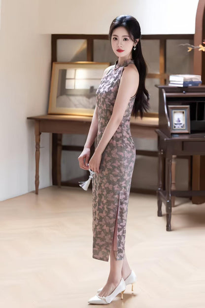 Women's Purple Floral Qipao Cheongsam Dress – Jacquard Fitted – additional product view