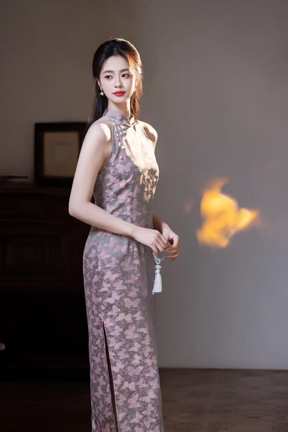 Women's Purple Floral Qipao Cheongsam Dress – Jacquard Fitted – additional product view