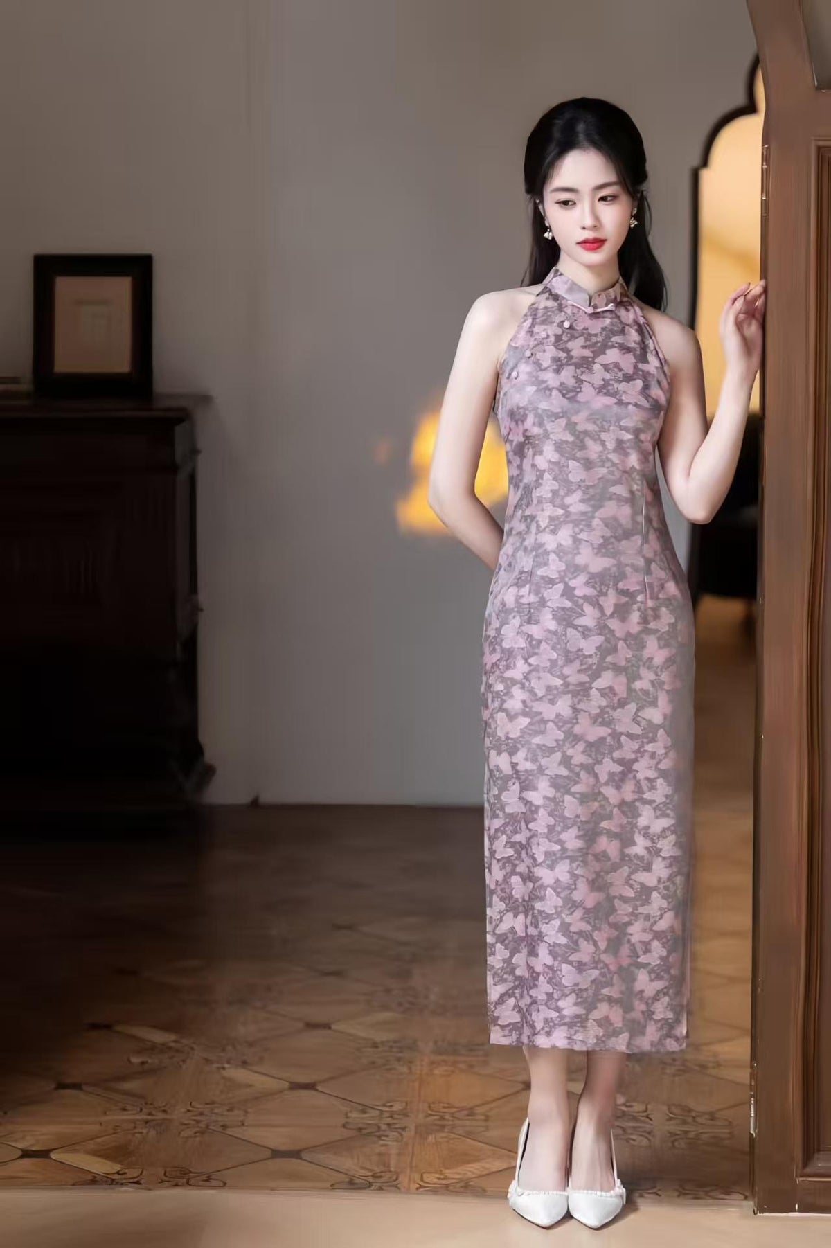 Women's Purple Floral Qipao Cheongsam Dress – Jacquard Fitted – additional product view