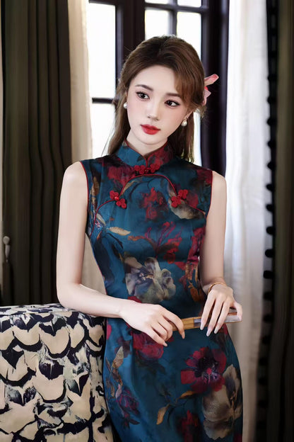 Women's Blue Floral Qipao Cheongsam Dress