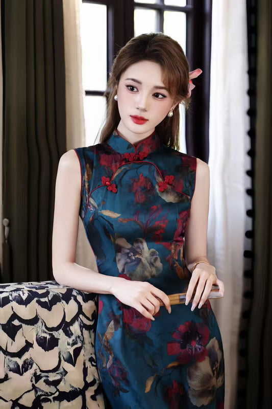 Women's Blue Floral Qipao Cheongsam Dress