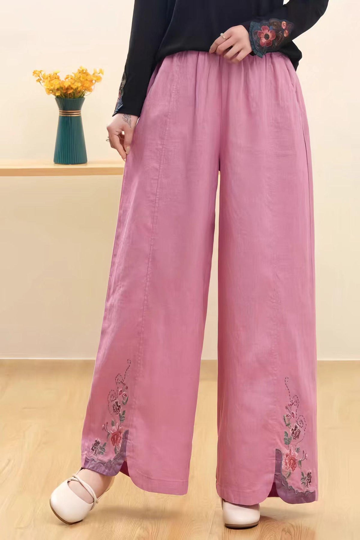 Embroidered Vintage Linen Chinese Style Wide-Leg Pants – additional product view