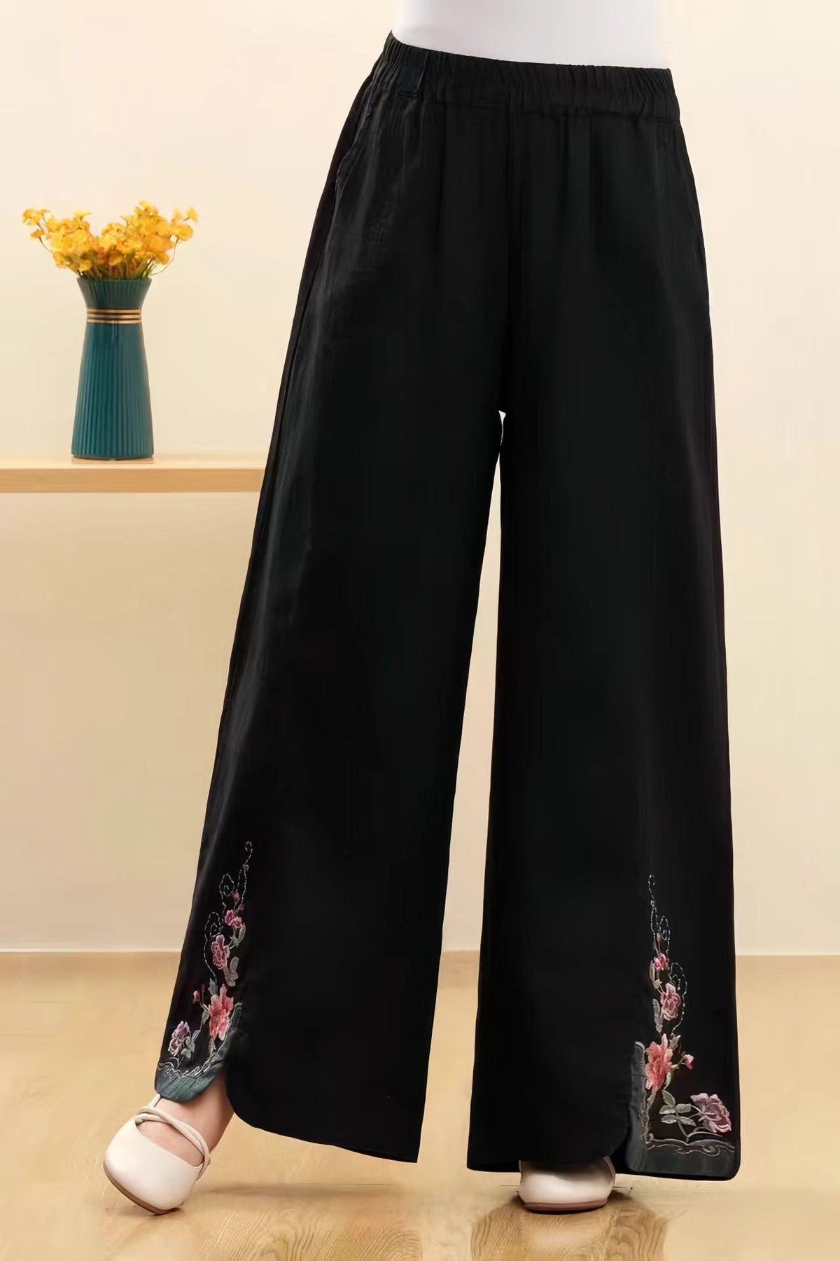 Embroidered Vintage Linen Chinese Style Wide-Leg Pants – additional product view