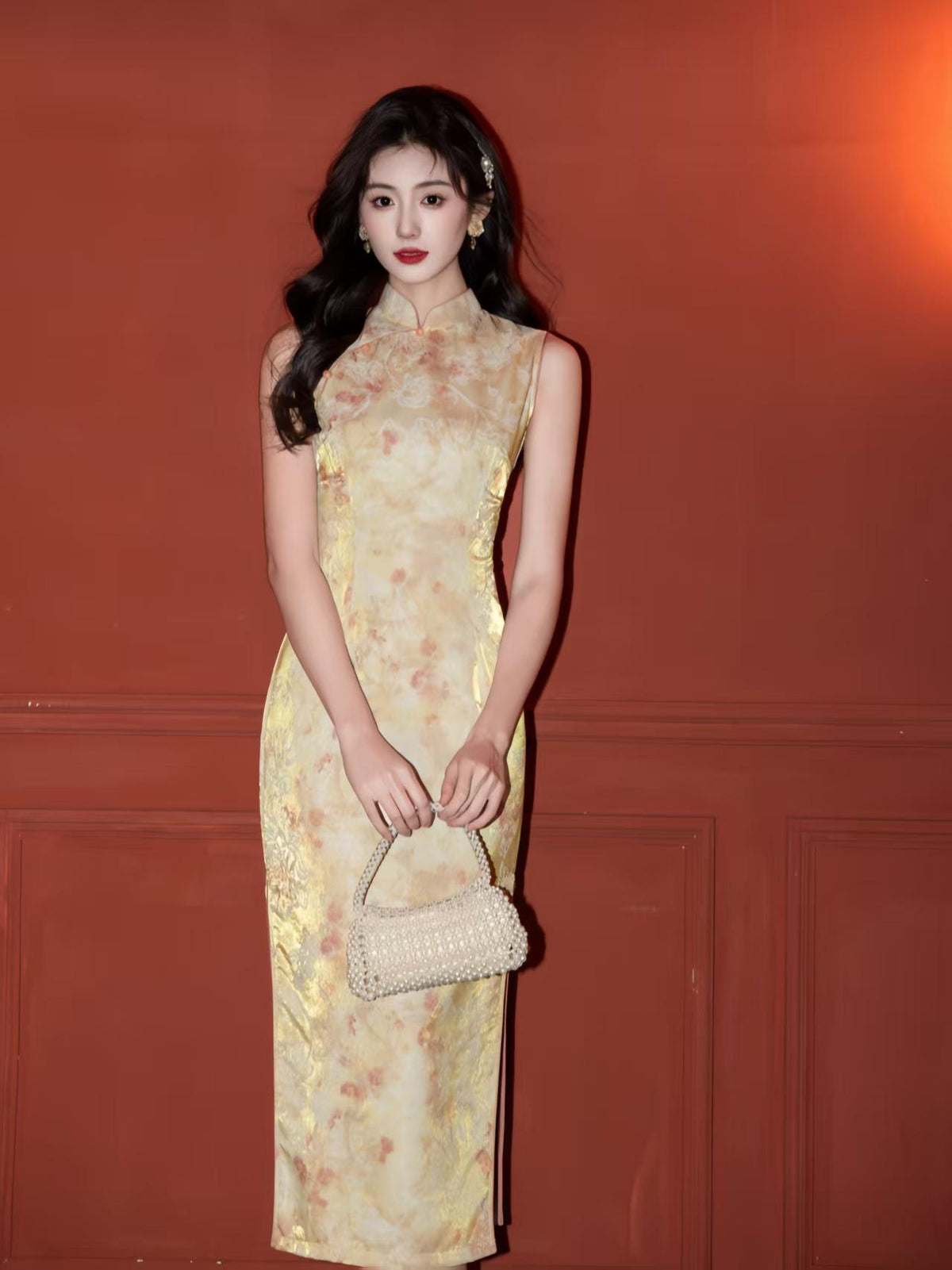 Women's Gold Floral Satin Qipao Cheongsam Dress – additional product view
