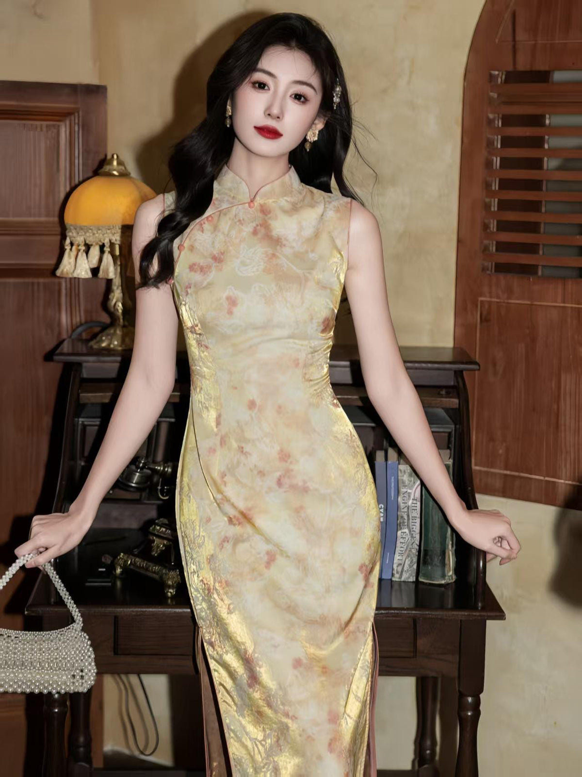 Women's Gold Floral Satin Qipao Cheongsam Dress – additional product view
