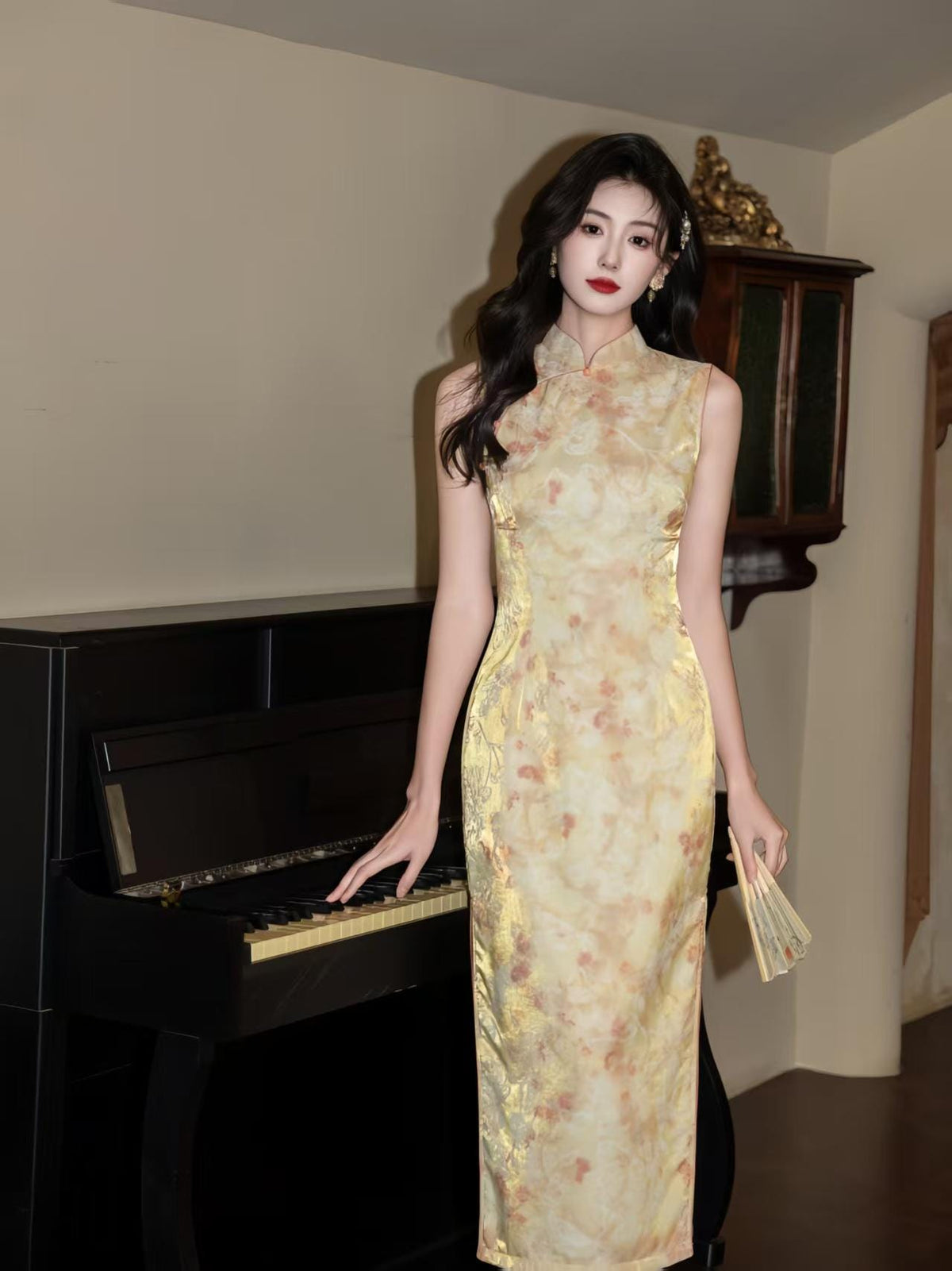 Women's Gold Floral Satin Qipao Cheongsam Dress – additional product view