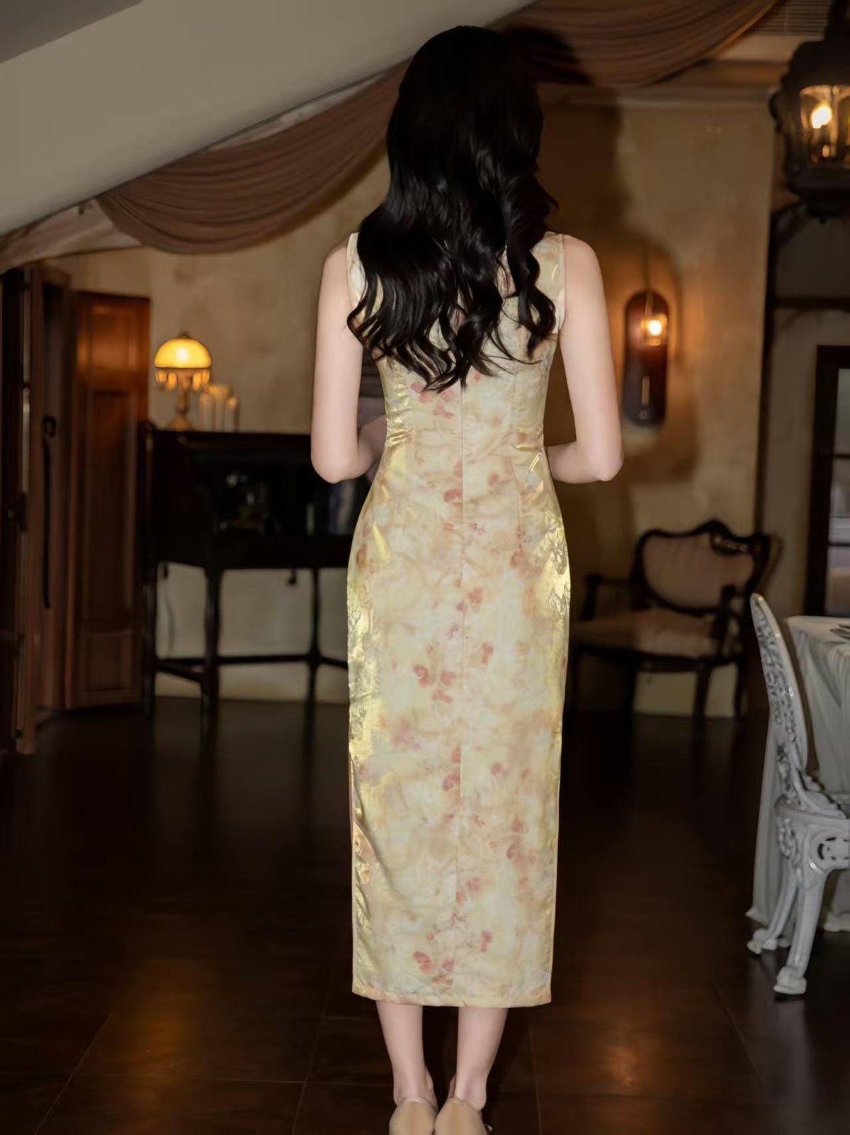Women's Gold Floral Satin Qipao Cheongsam Dress – additional product view