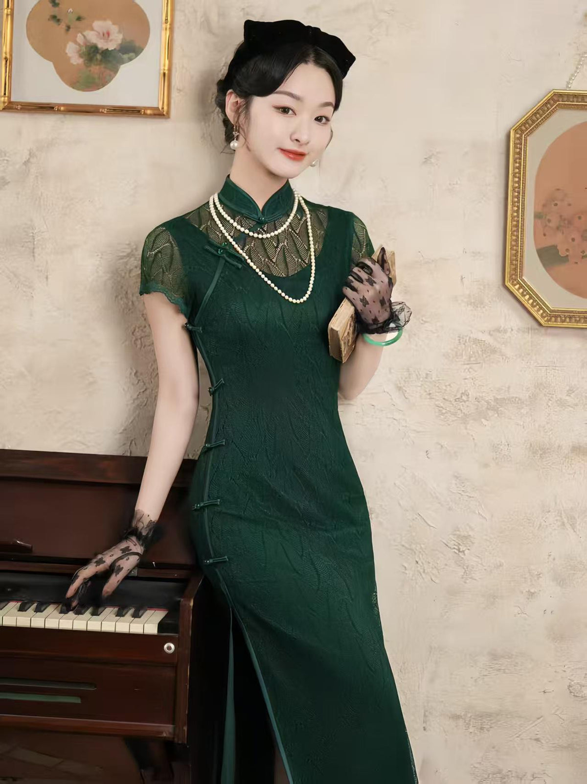 Women's Green Vintage Qipao Cheongsam Dress – Maxi Fitted – additional product view