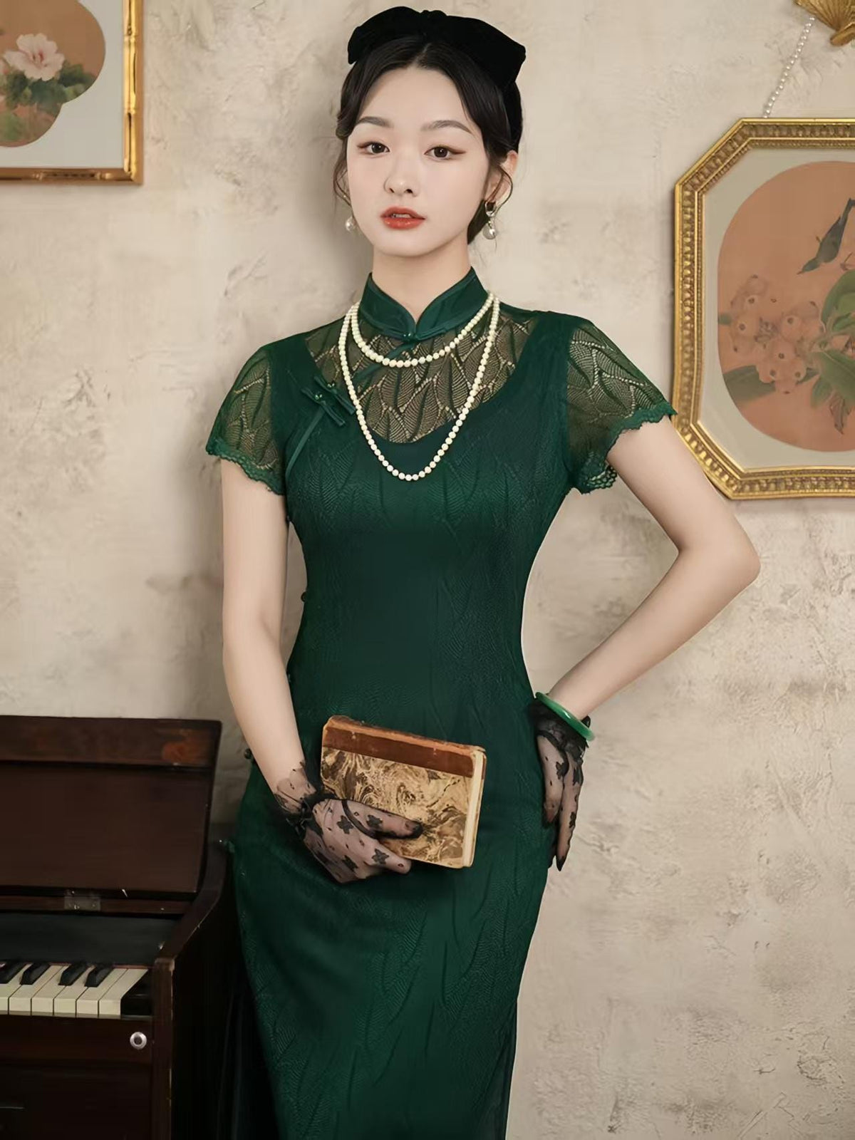 Women's Green Vintage Qipao Cheongsam Dress – Maxi Fitted