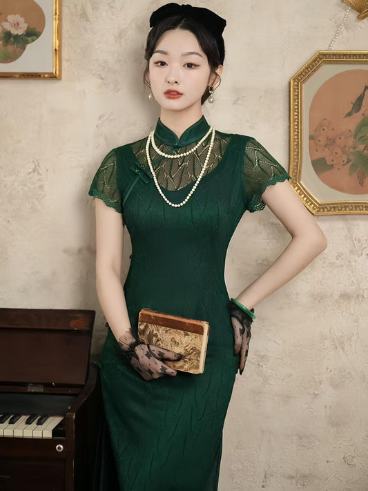Women's Green Vintage Qipao Cheongsam Dress – Maxi Fitted