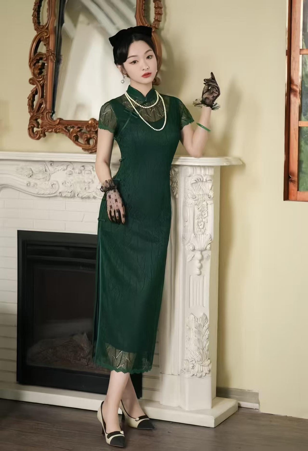 Women's Green Vintage Qipao Cheongsam Dress – Maxi Fitted – additional product view