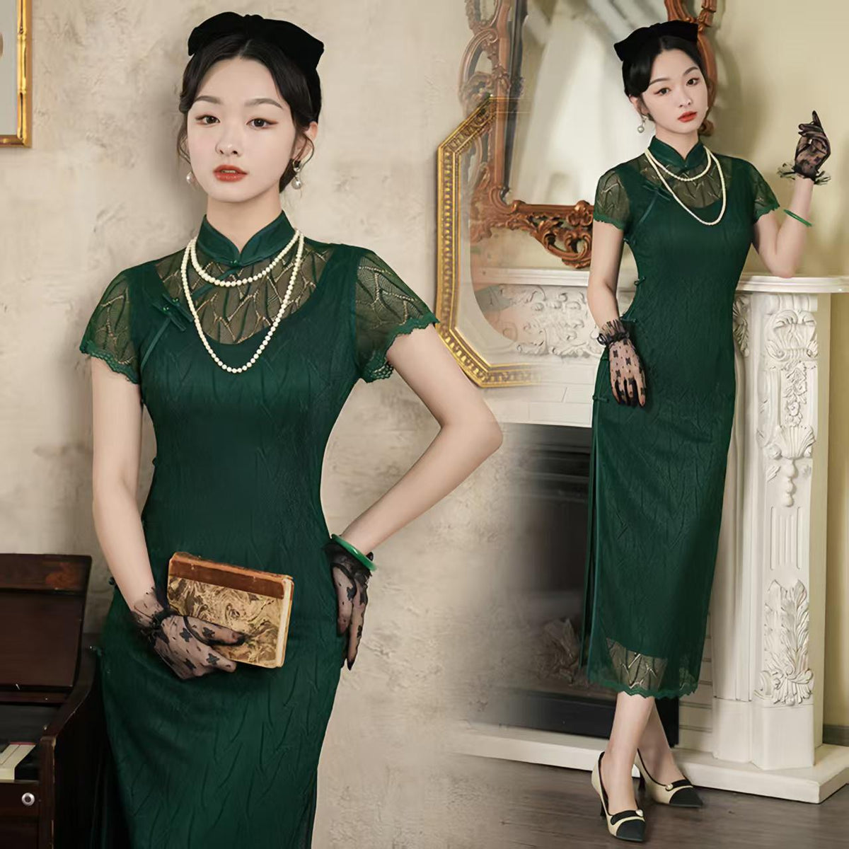 Women's Green Vintage Qipao Cheongsam Dress – Maxi Fitted – additional product view