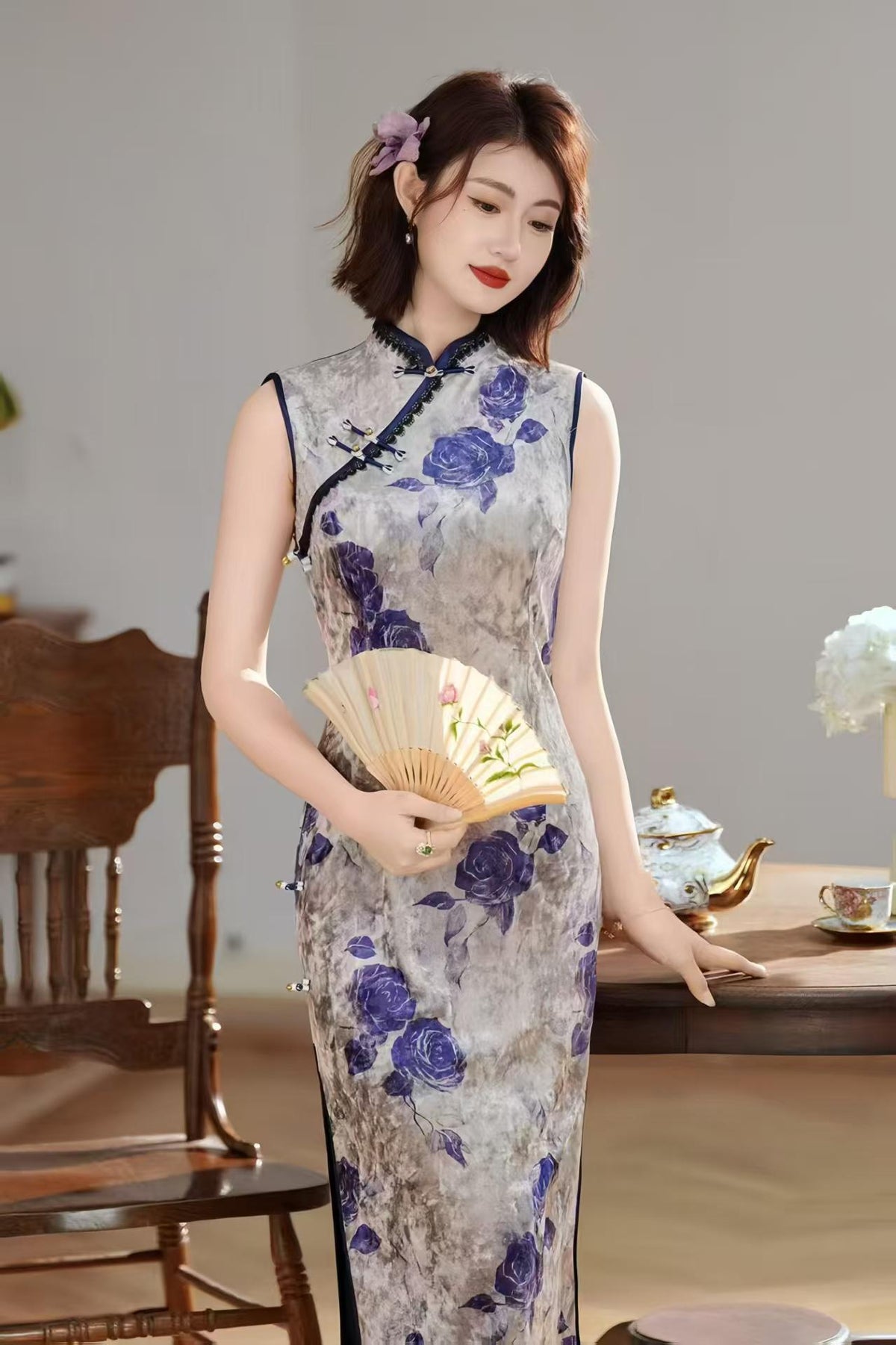 Women's Floral Velvet Qipao Cheongsam Dress – Gray Fitted – additional product view