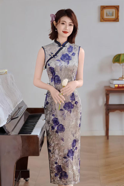 Women's Floral Velvet Qipao Cheongsam Dress – Gray Fitted