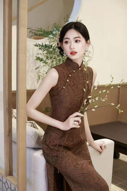 Women's Vintage Qipao Cheongsam Dress – Jacquard Maxi Fitted