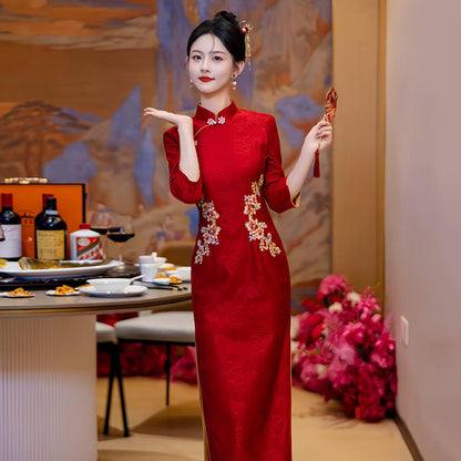 Women's Red Jacquard Qipao Cheongsam Dress – additional product view
