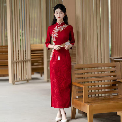 Women's Red Jacquard Qipao Cheongsam Dress – additional product view