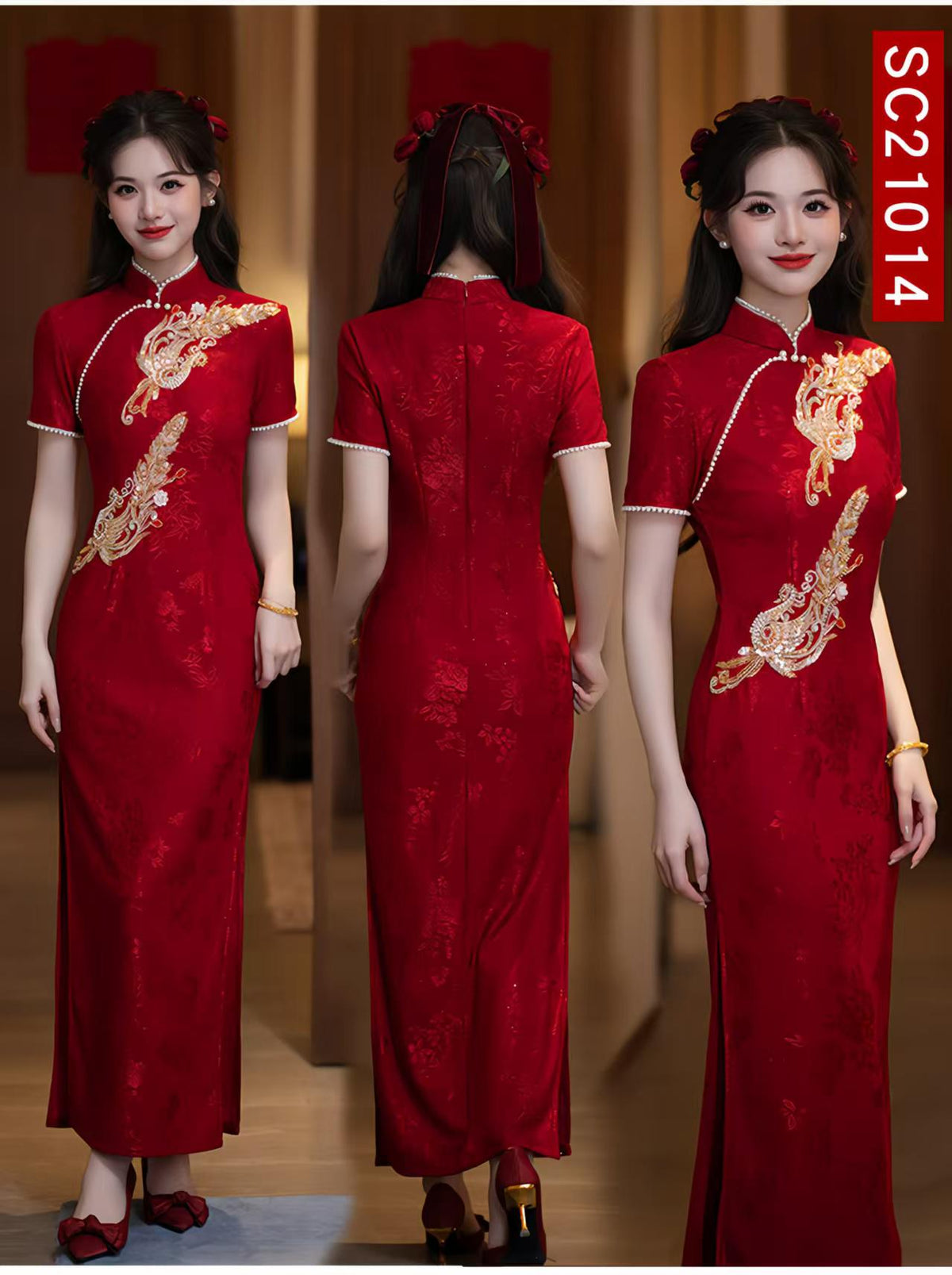 Women's Red Jacquard Qipao Cheongsam Dress – additional product view
