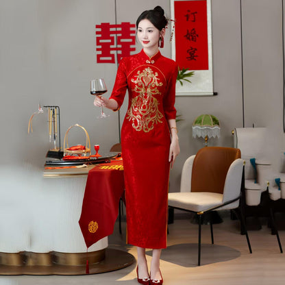 Women's Red Jacquard Qipao Cheongsam Dress – additional product view
