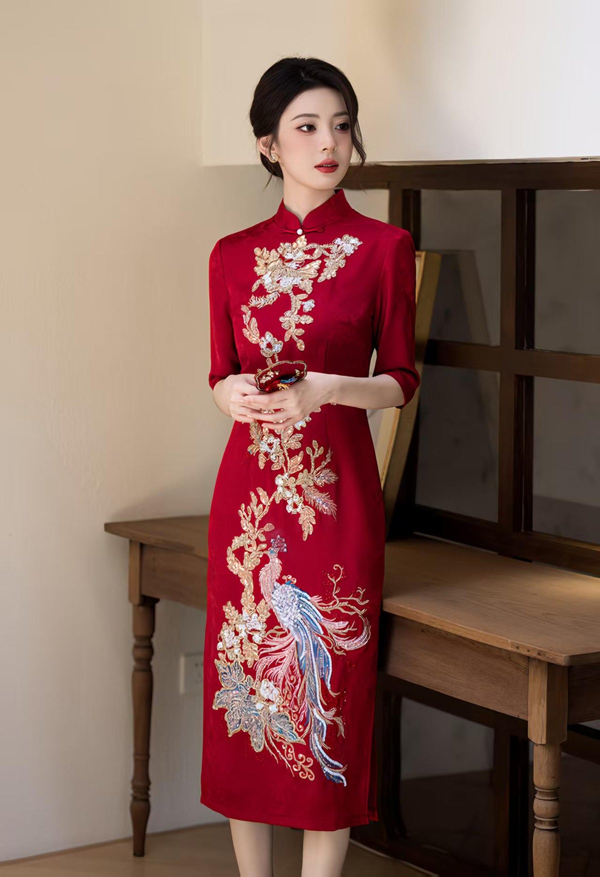 Women's Red Embroidered Qipao Cheongsam Dress – additional product view